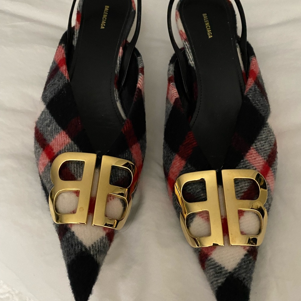 Balenciaga Red and Black Plaid Heels with Gold Buckle